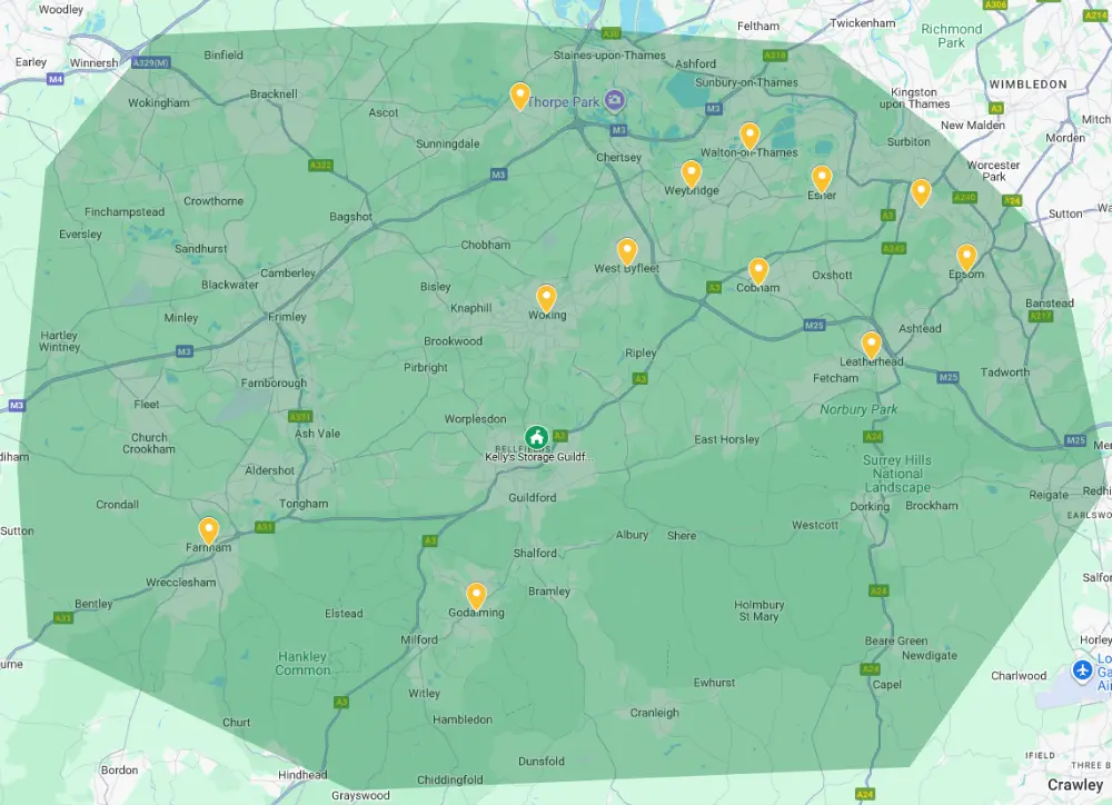 A map of where Kelly's Storage Warehouse is and the towns and cities they provide self storage to in Surrey